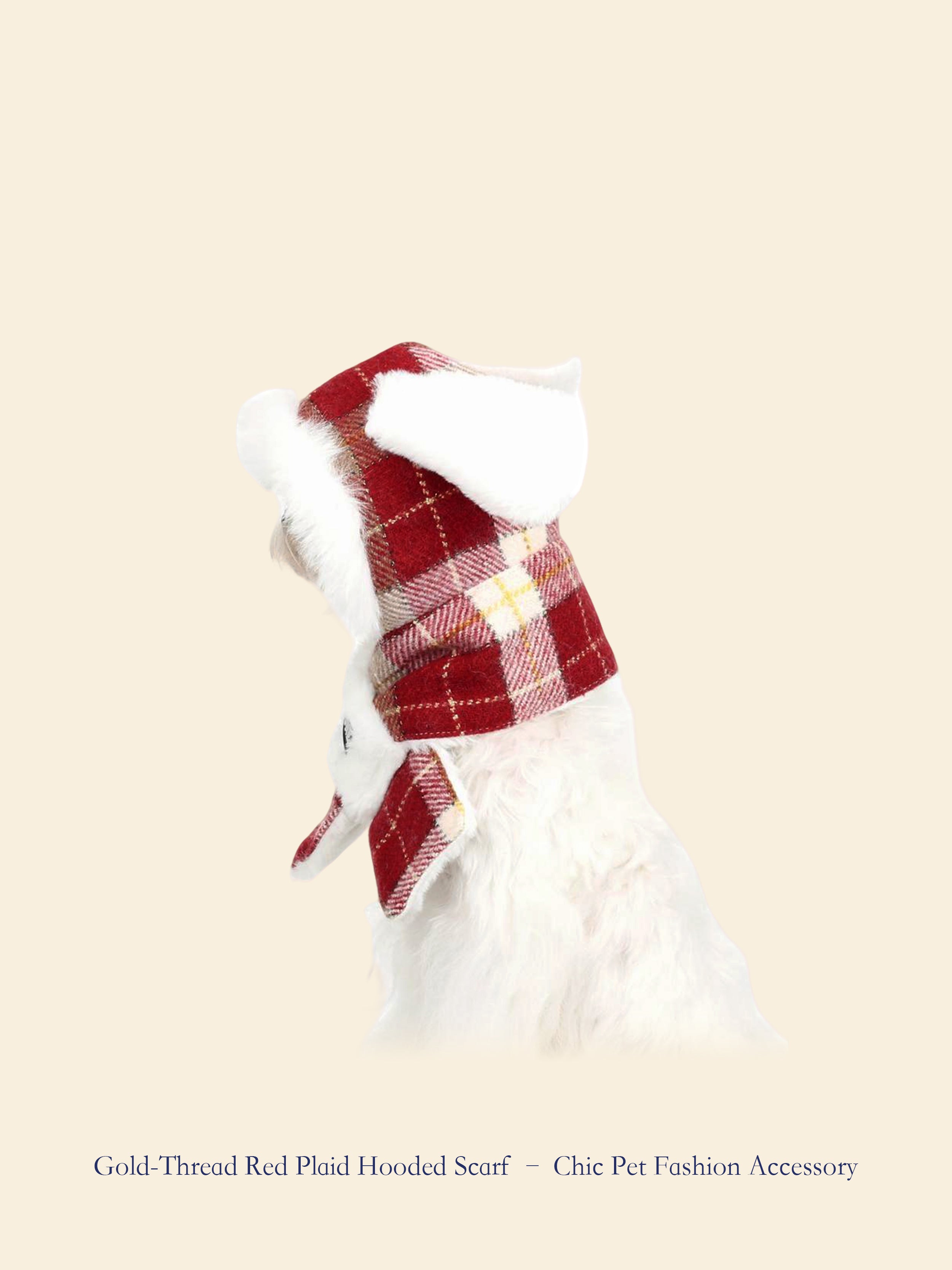 Gold-Thread Red Plaid Hooded Pet Scarf