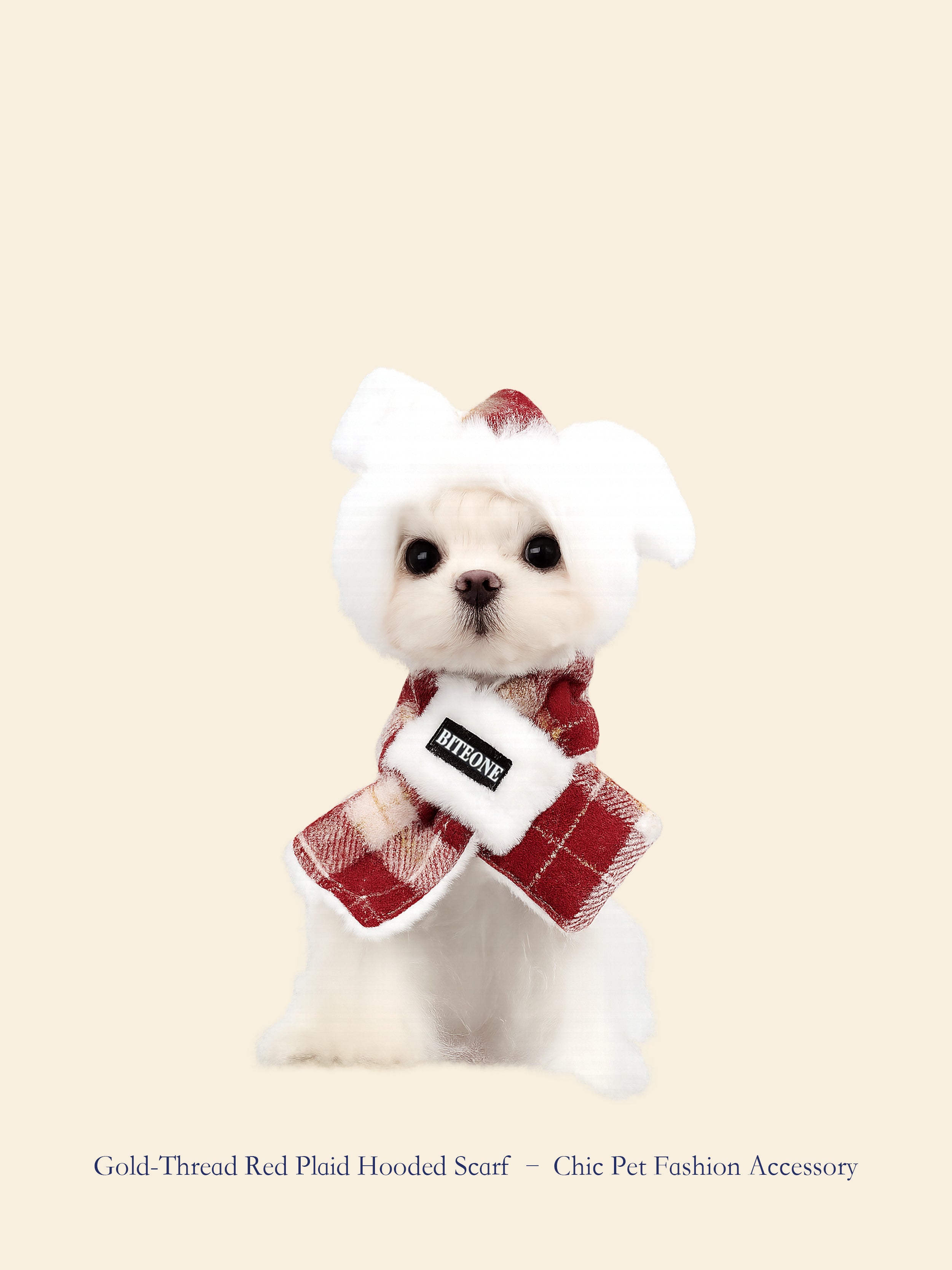 Gold-Thread Red Plaid Hooded Pet Scarf