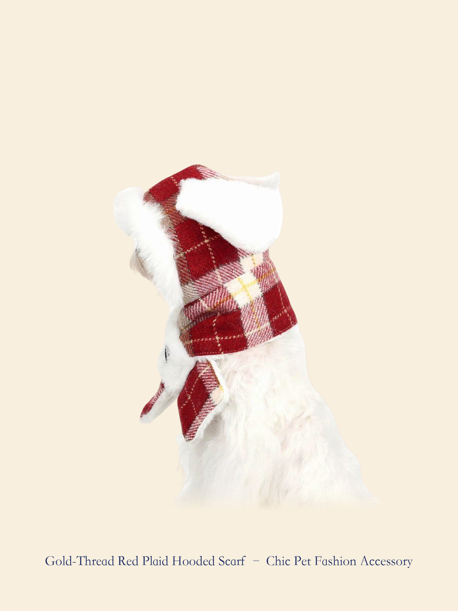 Gold-Thread Red Plaid Hooded Pet Scarf