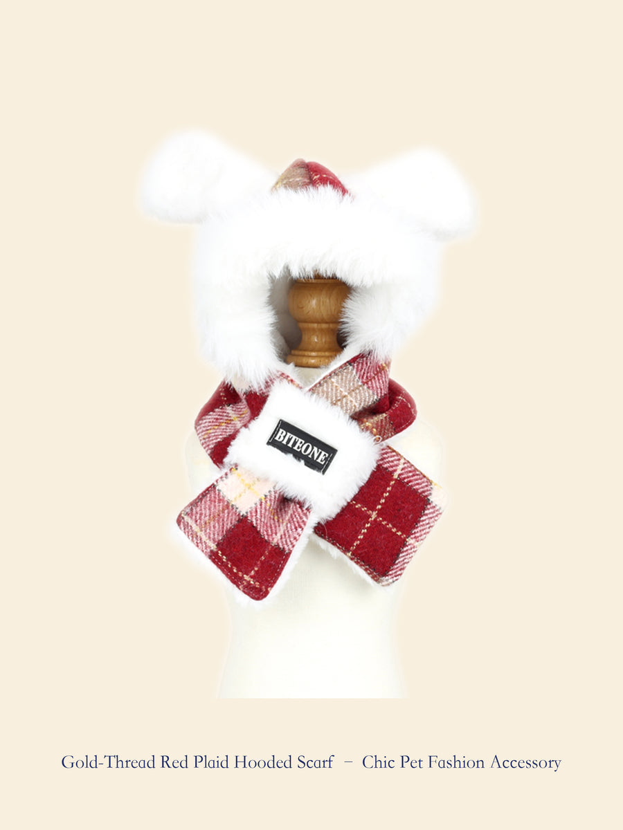 Gold-Thread Red Plaid Hooded Pet Scarf